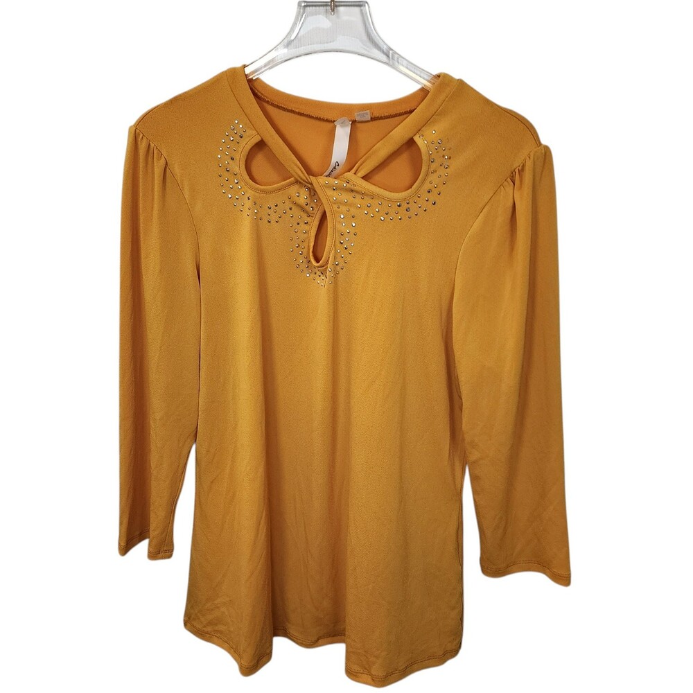 NY Collection Mustard Gold Studded Keyhole Neck Knit Crepe Blouse Top NWT PM